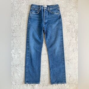 Agolde Riley High Rise Cropped Denim Blue Jeans Womens Size 27 Button Fly Frayed